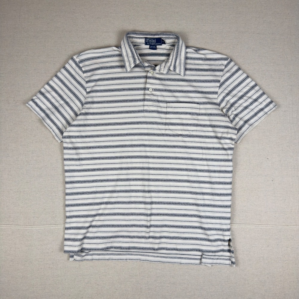 Y2K Polo Ralph Lauren Jacquard Stripe Polo Men's XL White Blue Peru Cotton Shirt